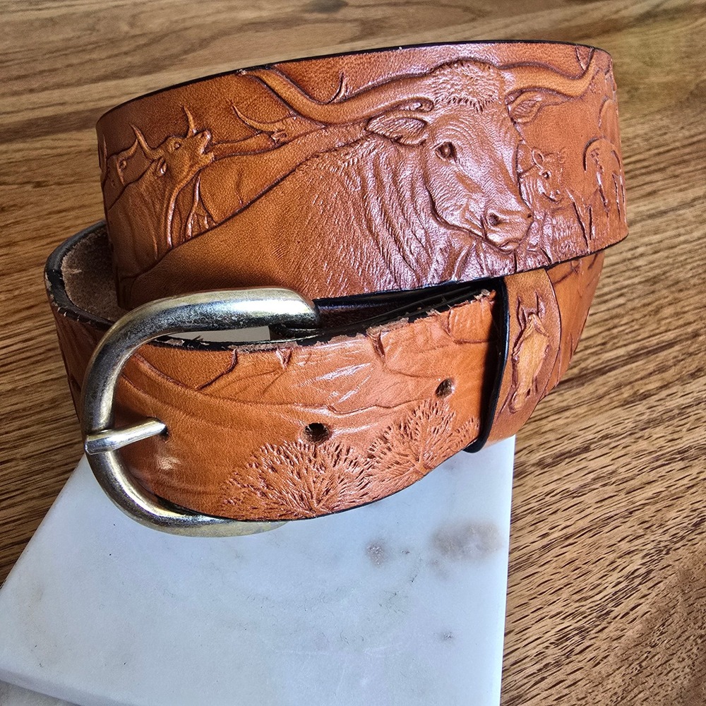 Al Stohlman Belt Brown Leather Embossed Western Longhorn Belt 32 - Picture 15 of 16